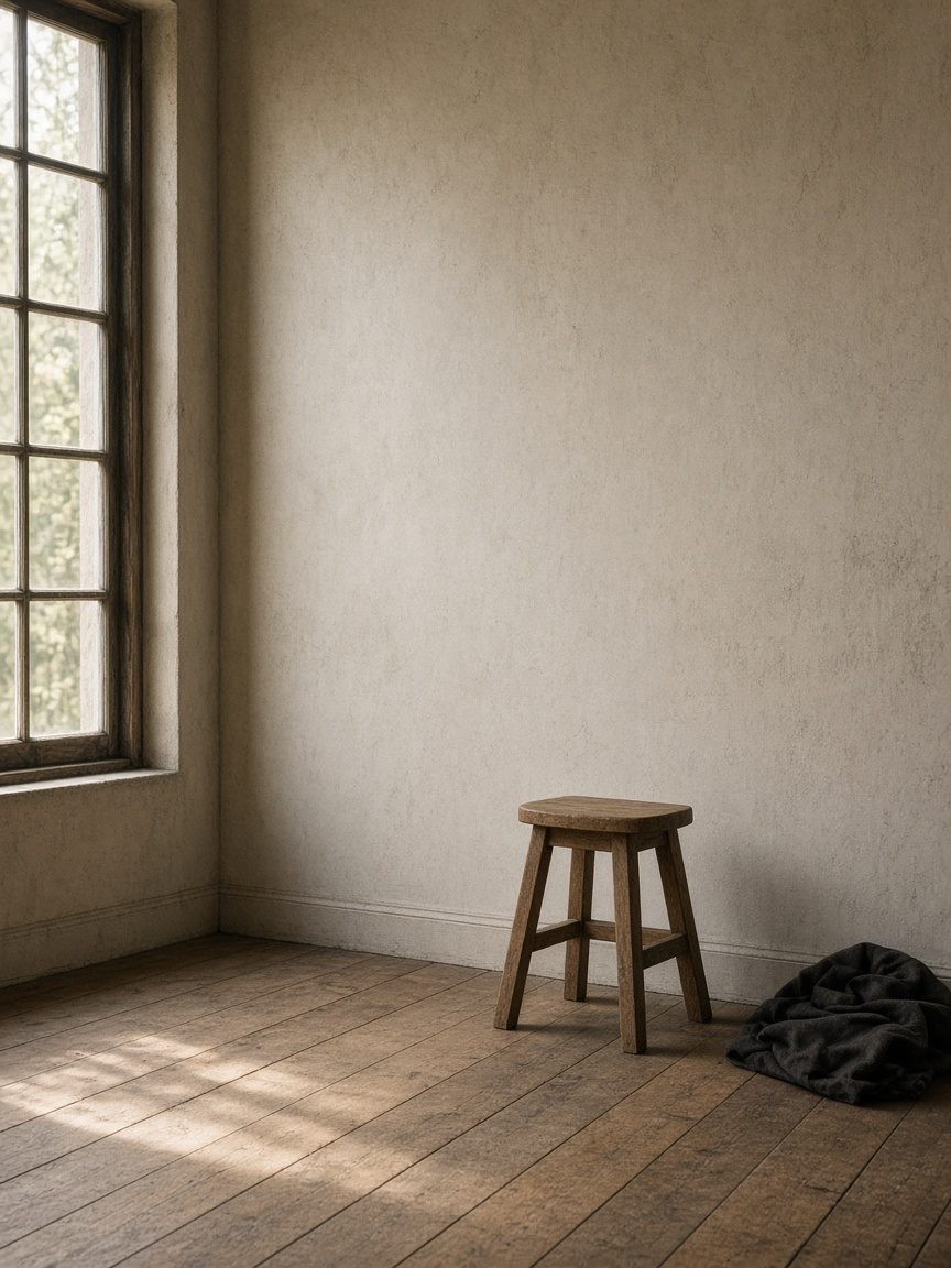 Empty room with a plaster wall, a wood stool, and one window